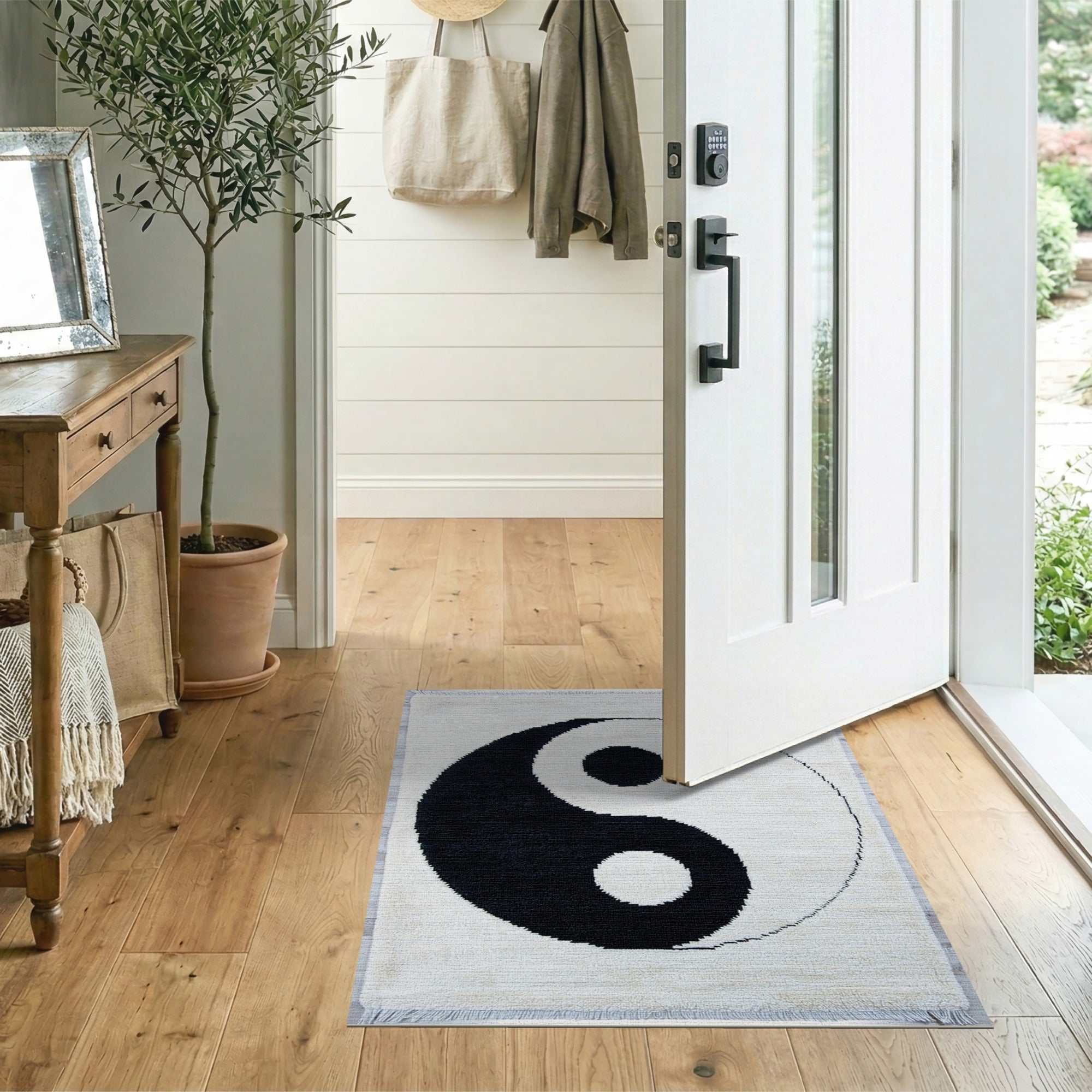 Black and White Yin Yang Black White Geometric Area Rug