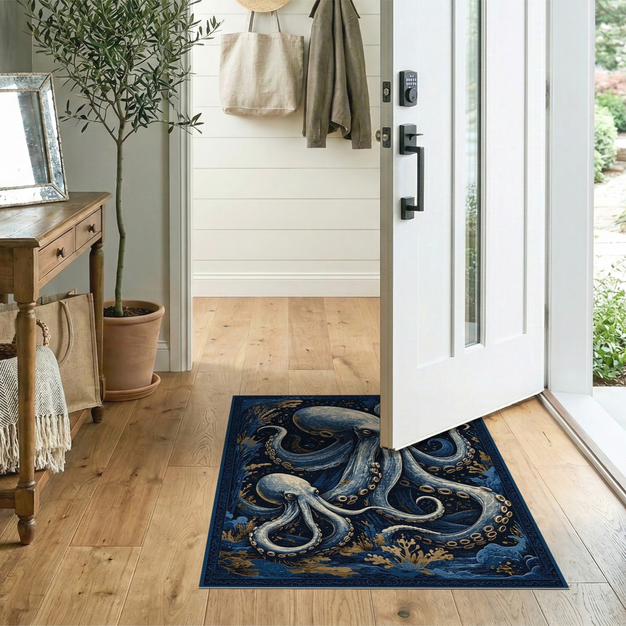ODIKA Washable Octopus Nautical Rug - Vintage Navy & Gold Low Pile Area Rug