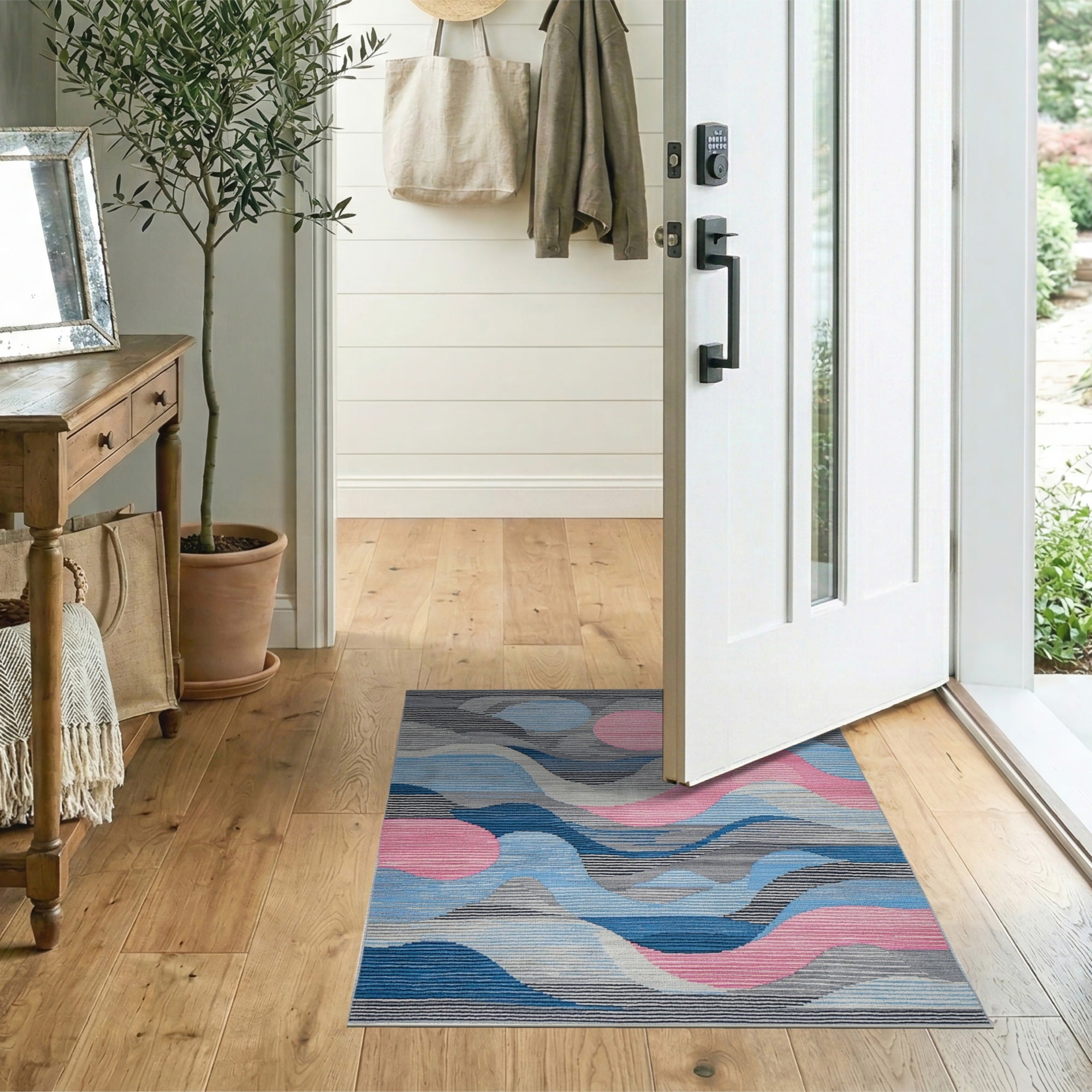 Abstract Wave Geometric Area Rug in Blue Pink Grey