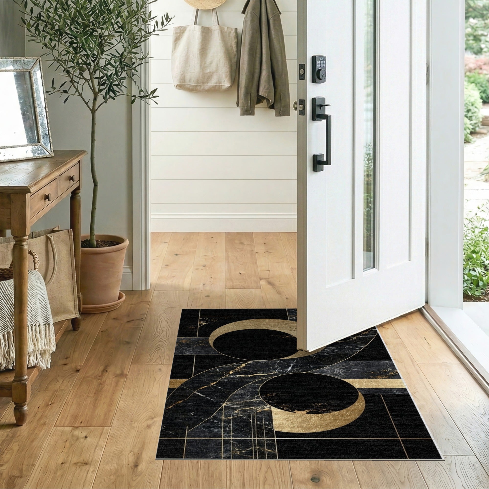 Gold Crescent Moons Black Marble Geometric Area Rug