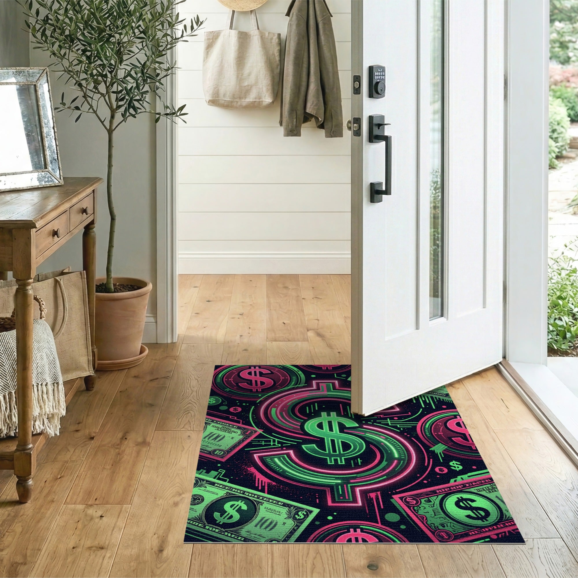 ODIKA Neon Dollar Sign Graffiti Washable Rug - Low Pile Modern Street Art Area Rug