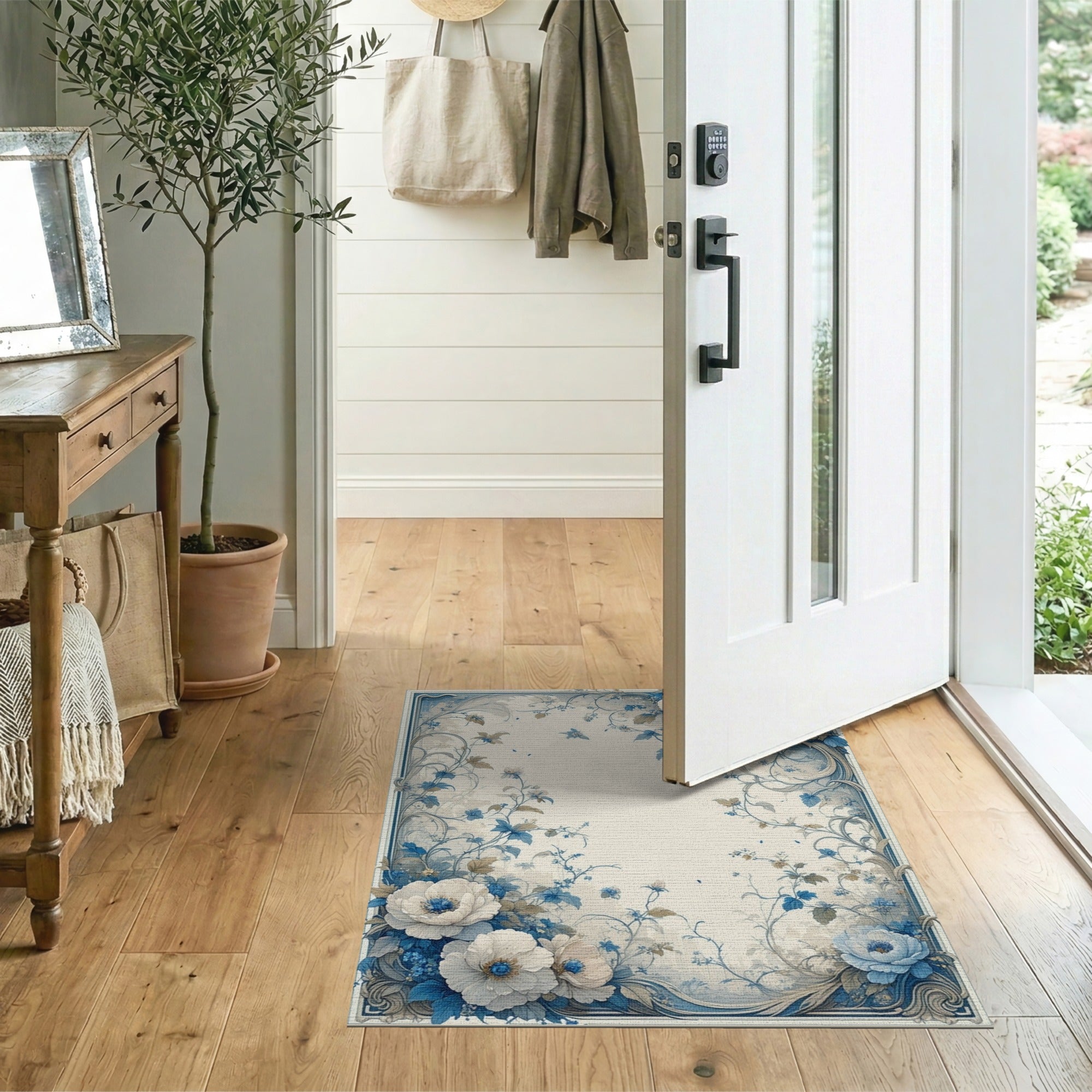 Elegant Blue Poppy Floral Border Rug