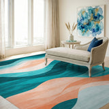 ODIKA Modern Abstract Wavy Teal & Peach Washable Area Rug - Low Pile Non-Slip