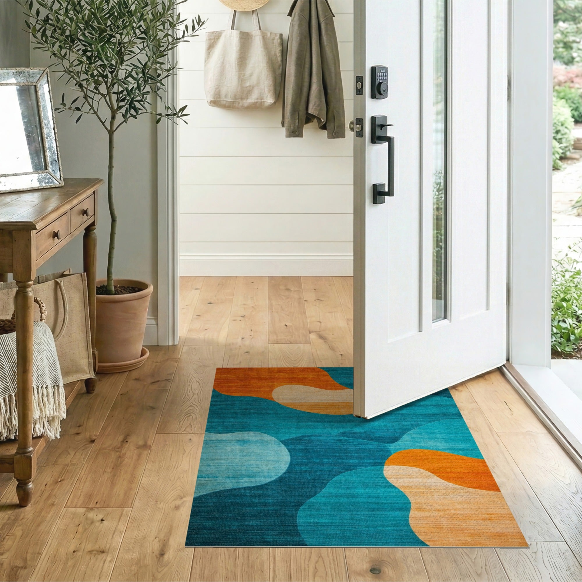 ODIKA Washable Abstract Wave Area Rug - Teal & Burnt Orange Mid-Century Modern Low Pile Non-Slip Rug