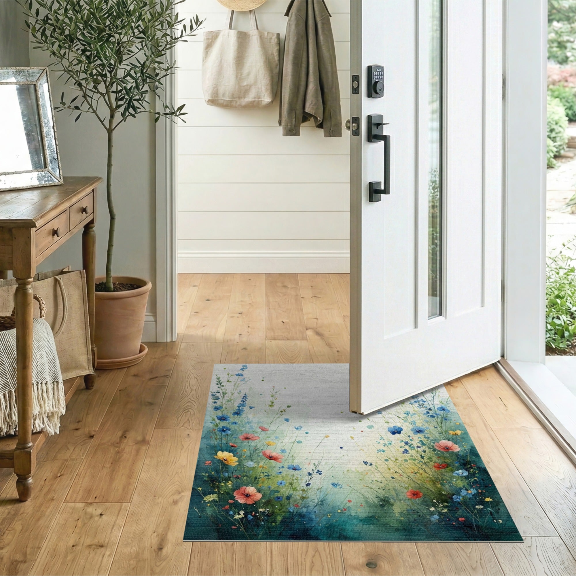 Washable Watercolor Floral Meadow Area Rug - Low Pile & Non-Slip