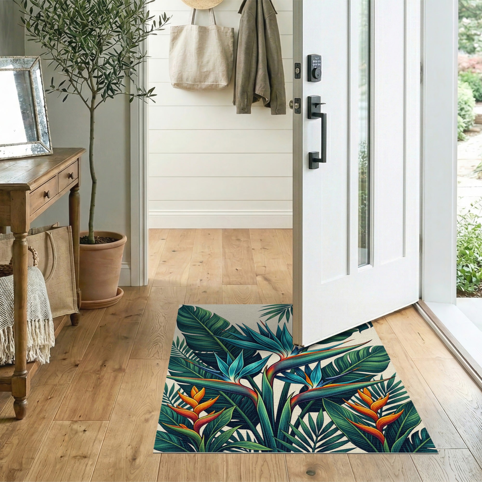 Tropical Bird of Paradise Heliconia Leaves Area Rug