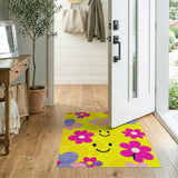 Playful Yellow Smiley Faces Colorful Flowers Area Rug
