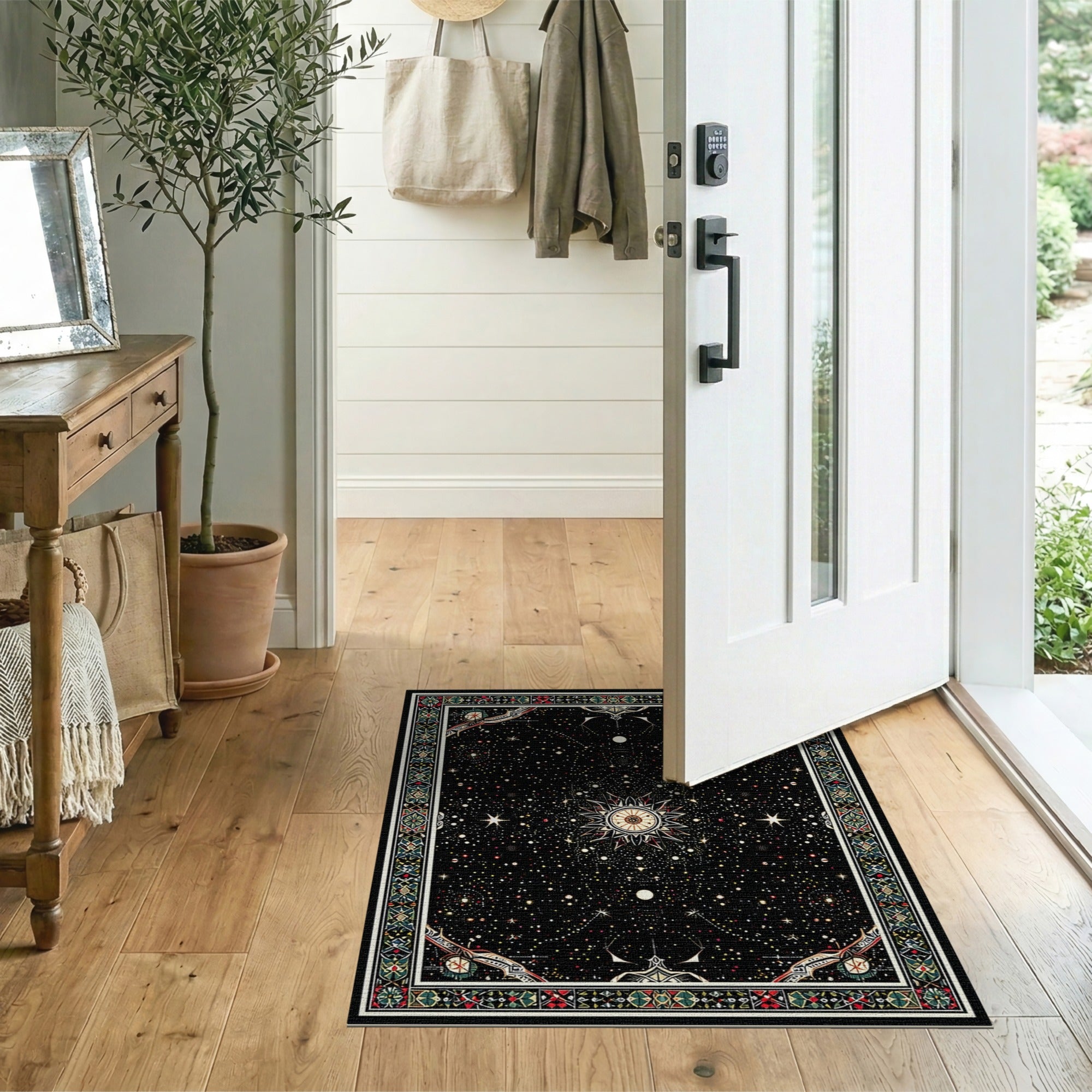 ODIKA Celestial Sun and Moon Washable Area Rug - Low Pile Non-Slip Galaxy Carpet