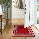 Red Ornate Border Area Rug with White Intricate Motifs