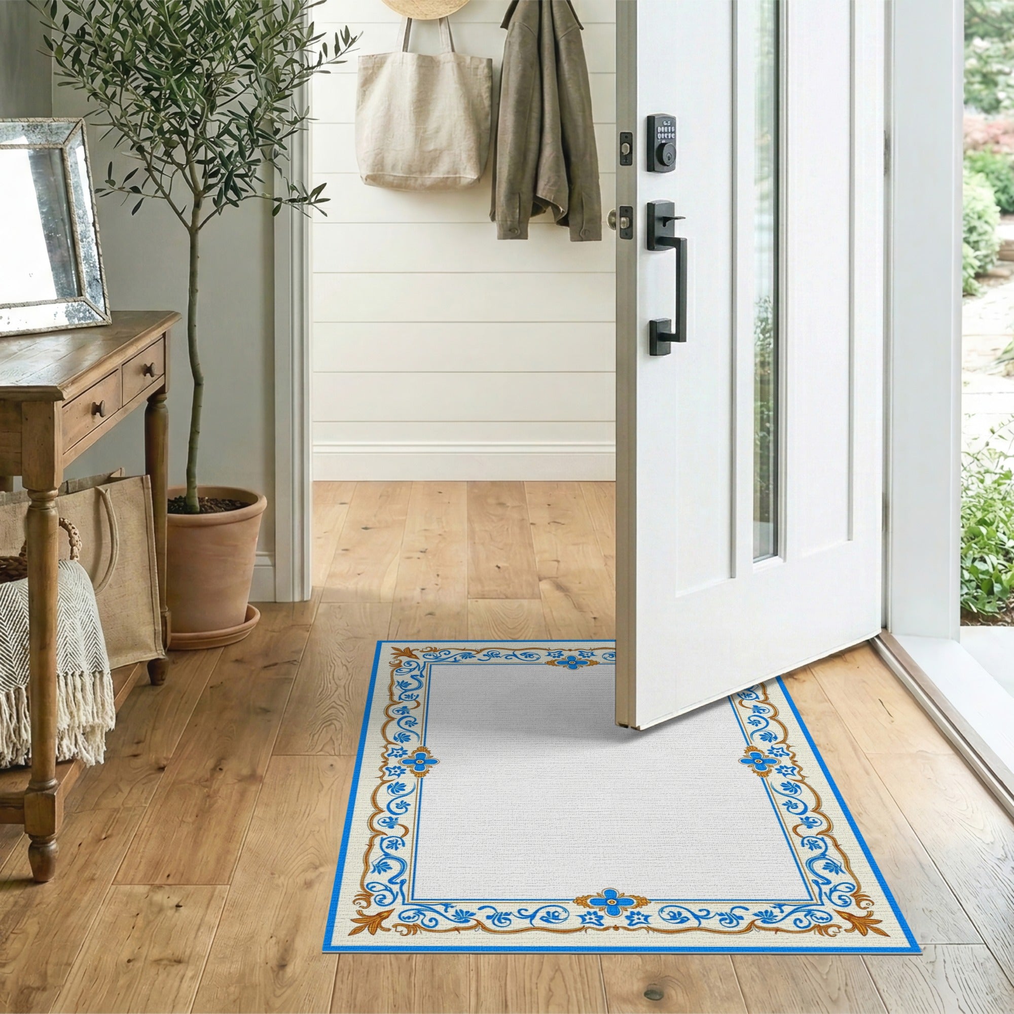 Blue and Teal Floral Vintage Ornate Blue Floral Border Area Rug