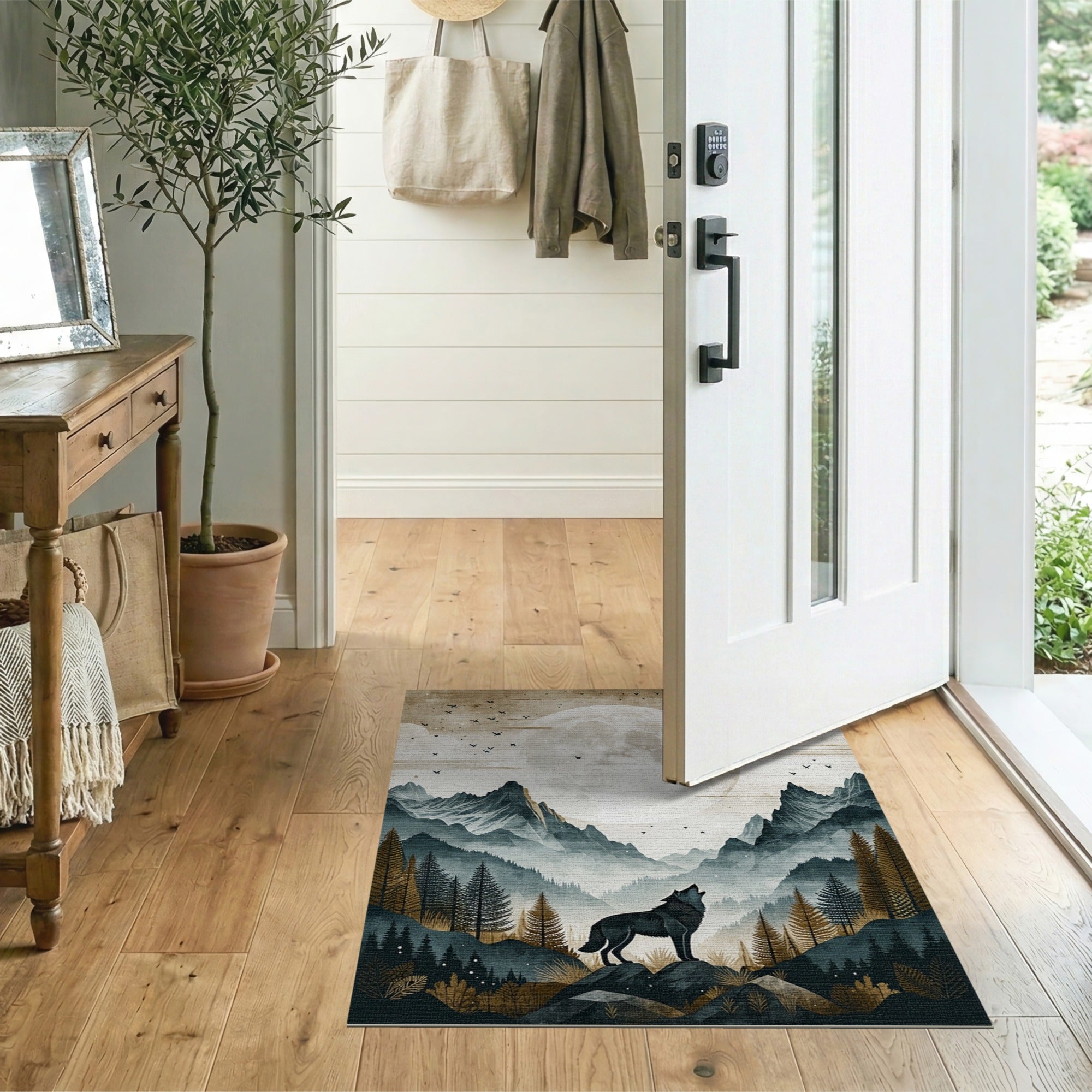 Howling Wolf Full Moon Misty Mountains Rug