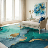 Emerald Teal Gold Fluid Abstract Area Rug