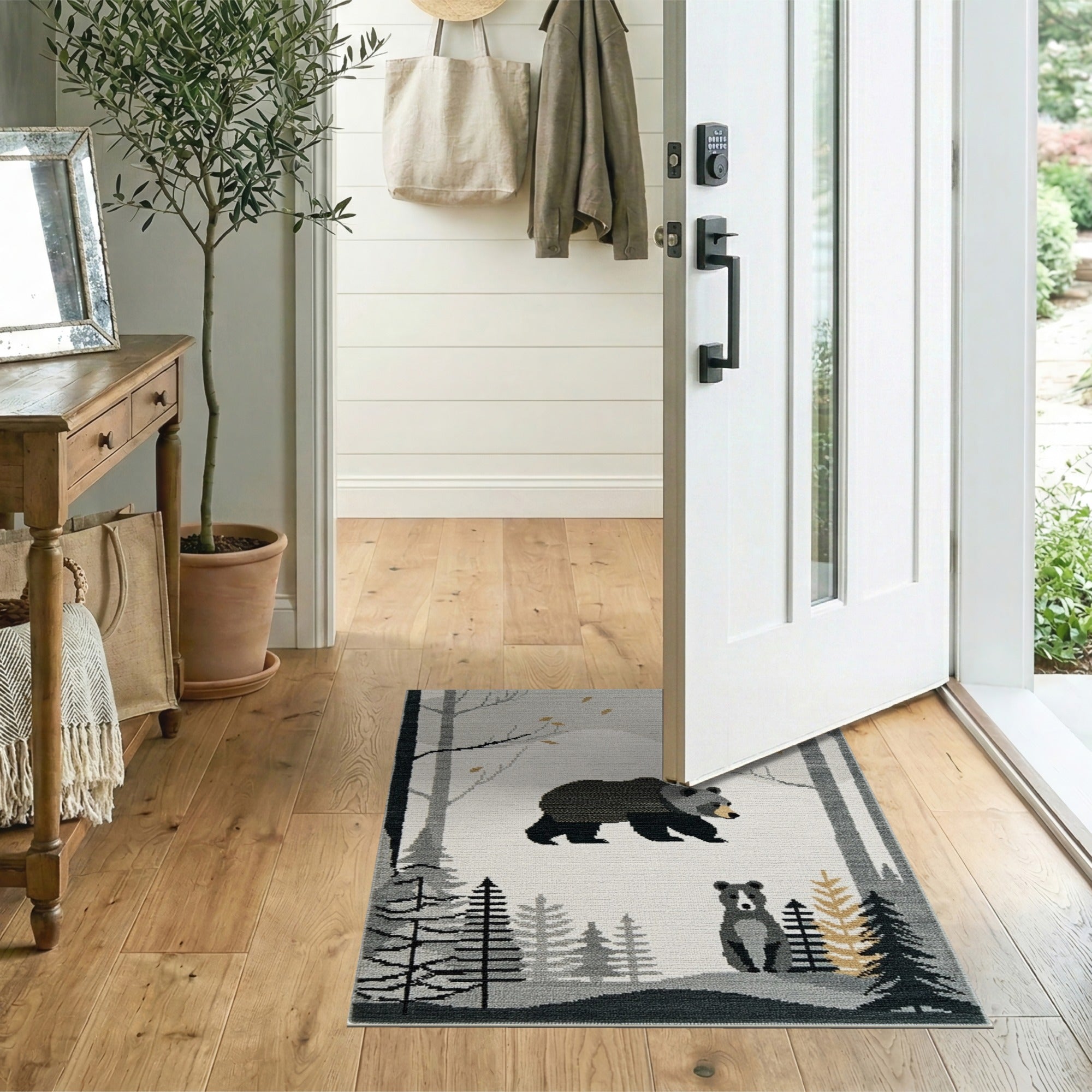 Grey Woodland Mama Bear Cub Area Rug