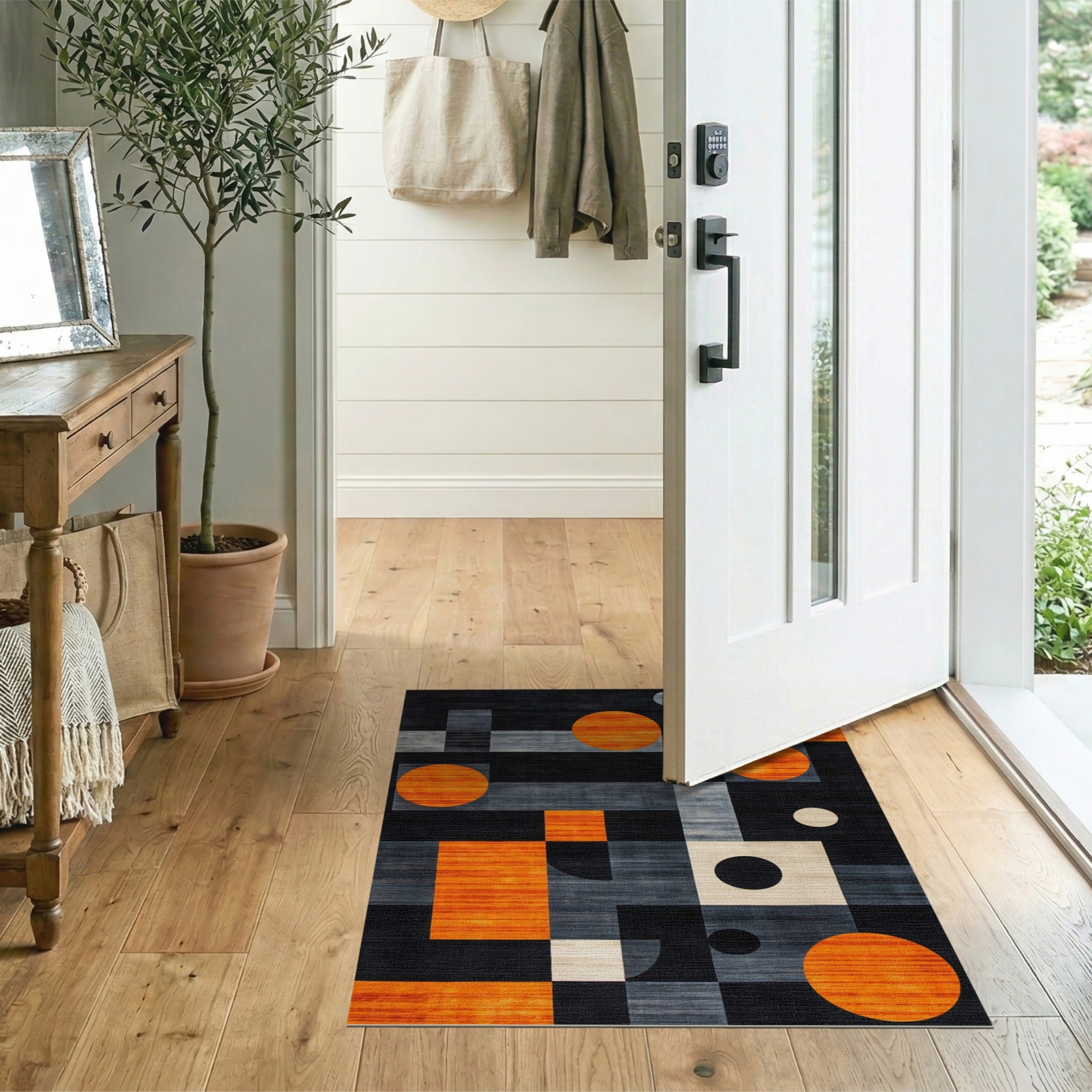 ODIKA Washable Modern Geometric Area Rug - Orange & Grey Abstract Low Pile Non-Slip
