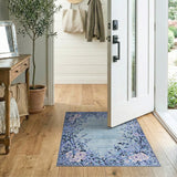Teal Floral Border Area Rug with White Roses