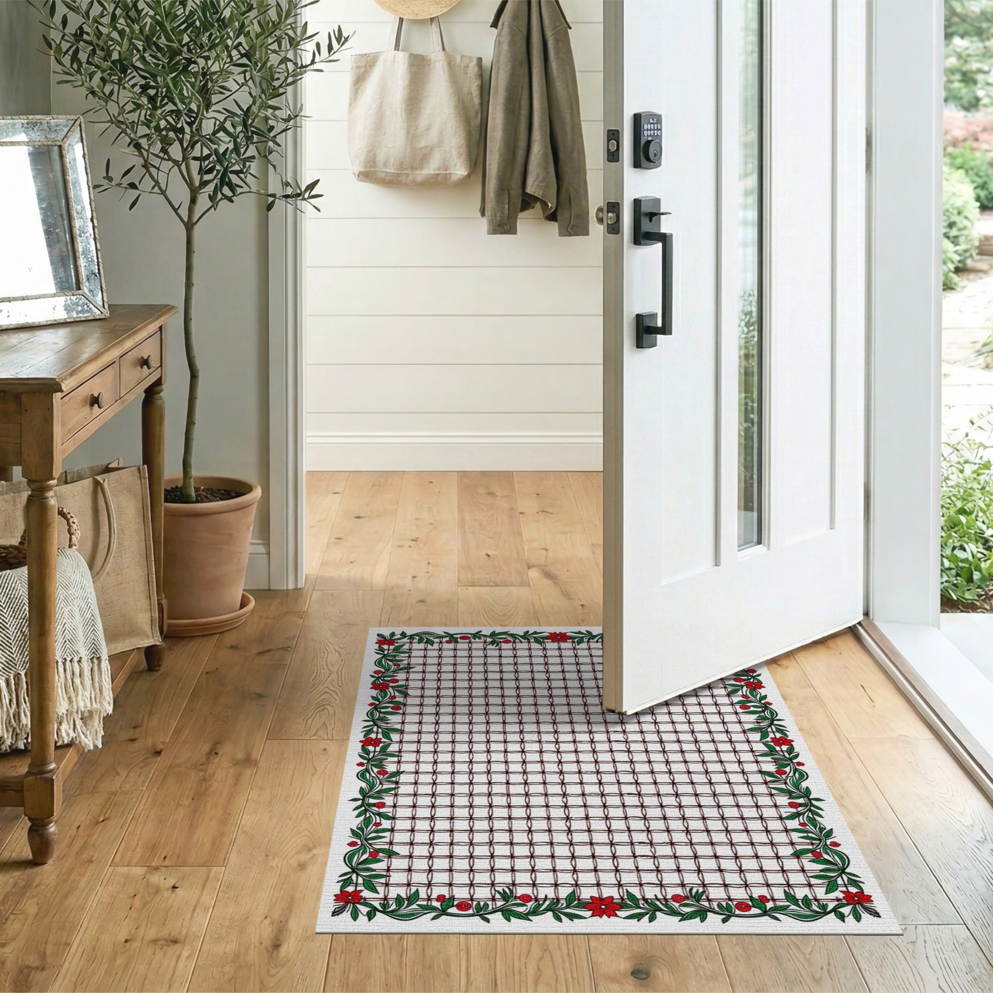 Festive Holly Berry Floral Border Area Rug