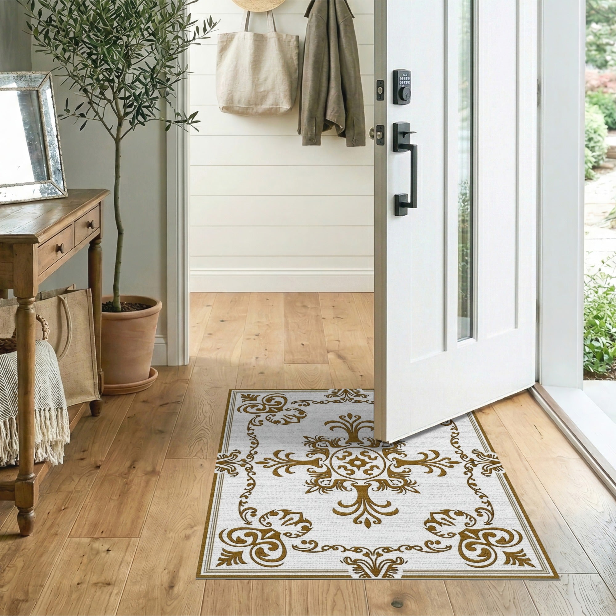 Floral Vintage Ornate Gold Filigree Border Area Rug