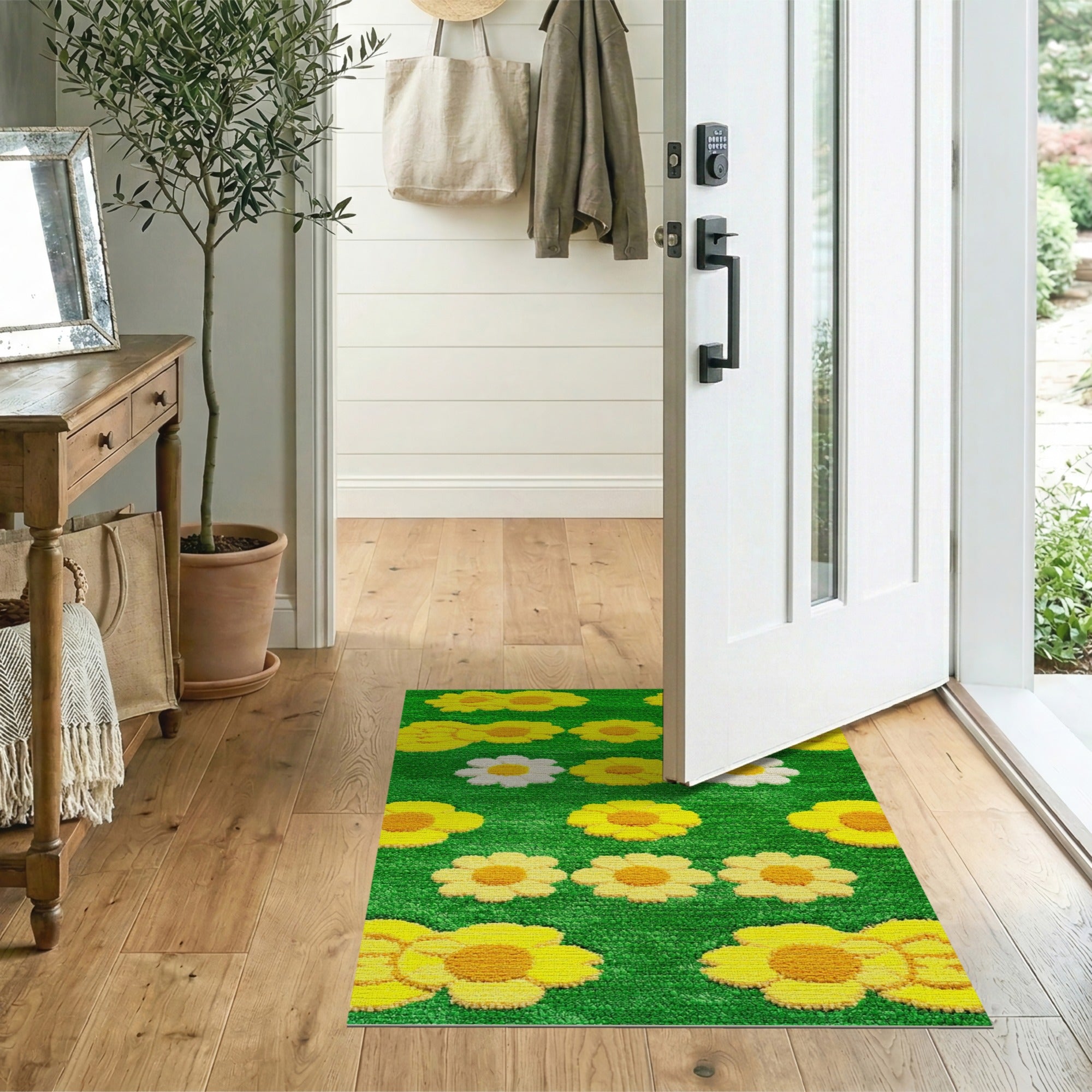 Vibrant Yellow Daisy Shag Area Rug on Green