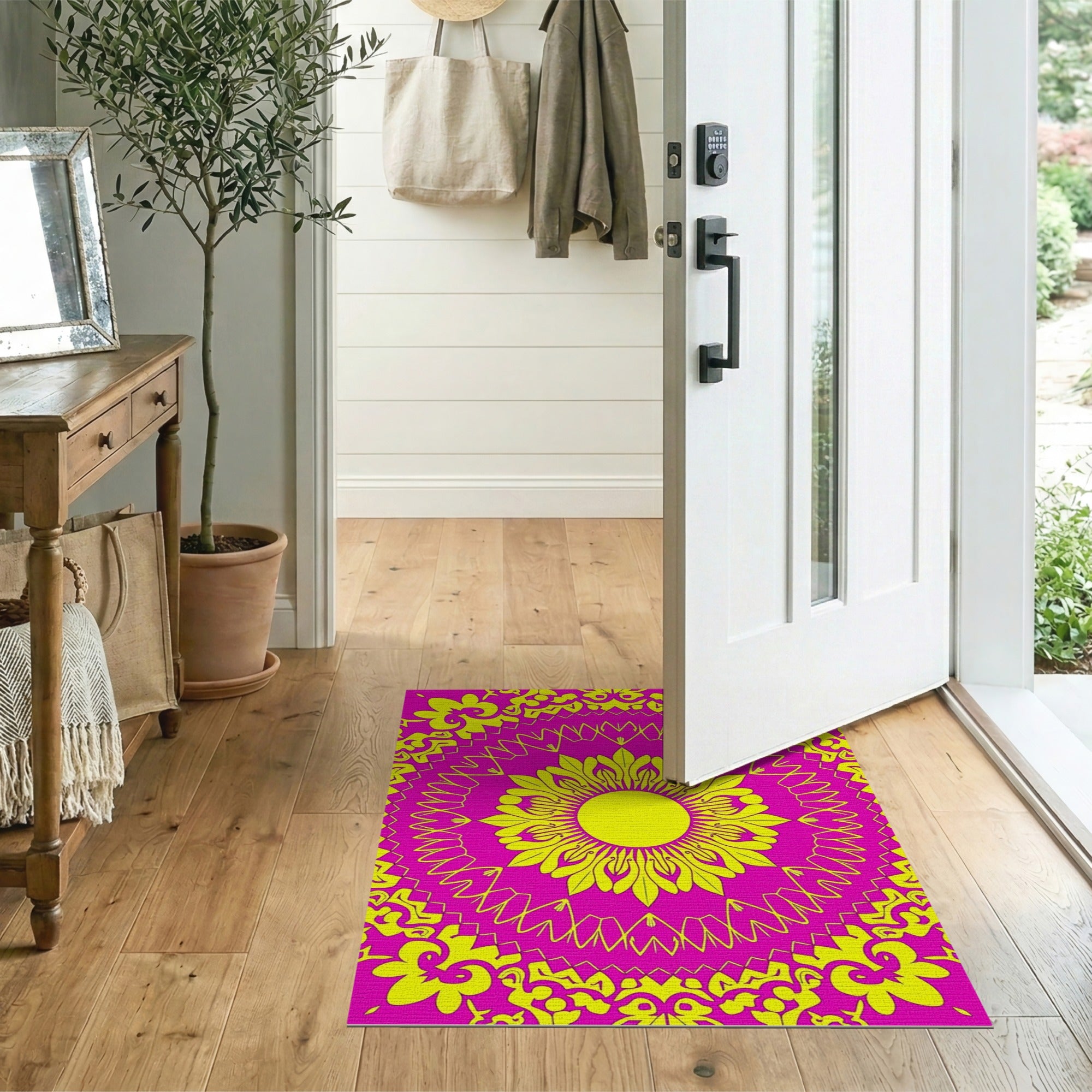 Vibrant Pink Yellow Floral Mandala Rug