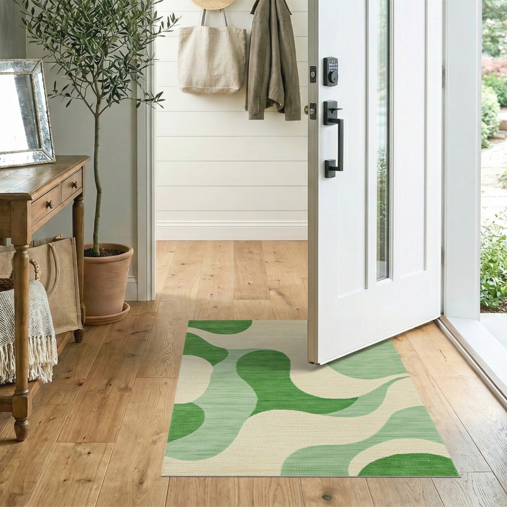 Fluid Green Waves Abstract Area Rug