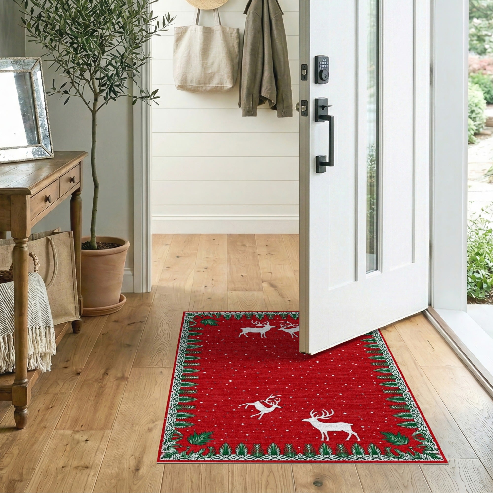 Festive Reindeer Snowfall Red Area Rug