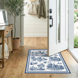 Blue Toile Pastoral Washable Area Rug
