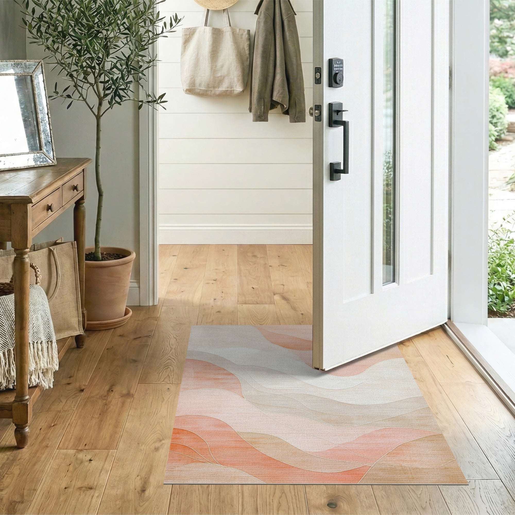 ODIKA Modern Abstract Wavy Terracotta Washable Area Rug - Low Pile Non-Slip Carpet