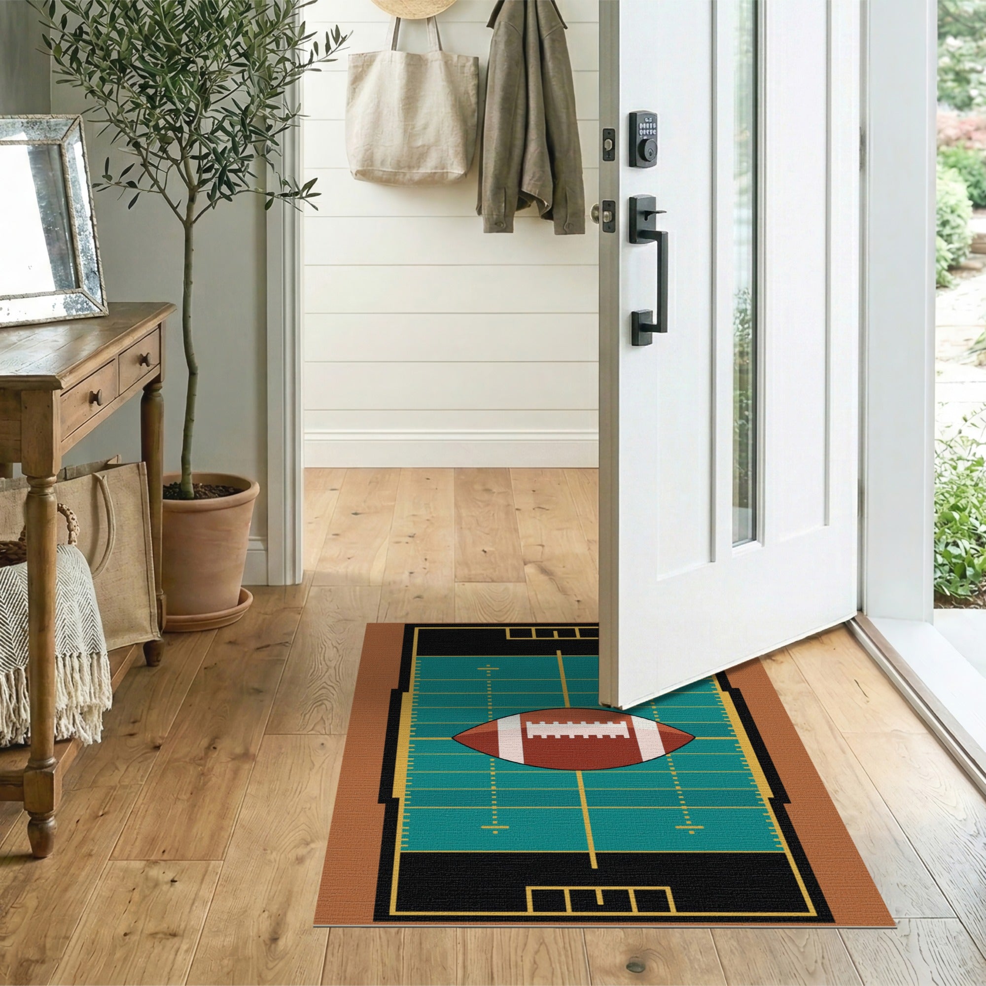 Blue and Teal Teal Football Field Area Rug