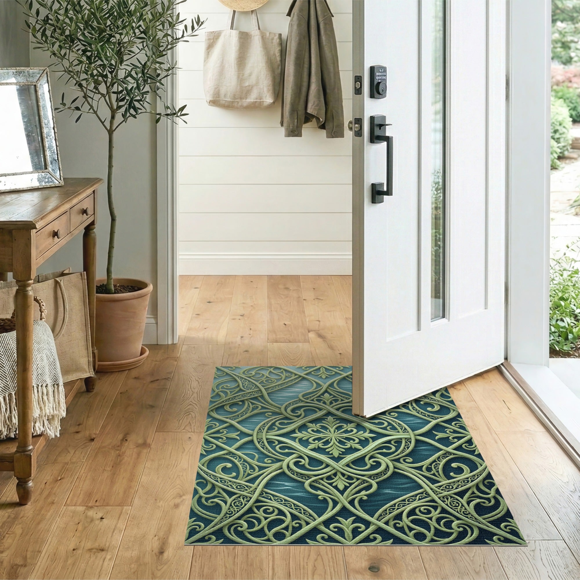 Ornate Teal Mint Filigree Area Rug
