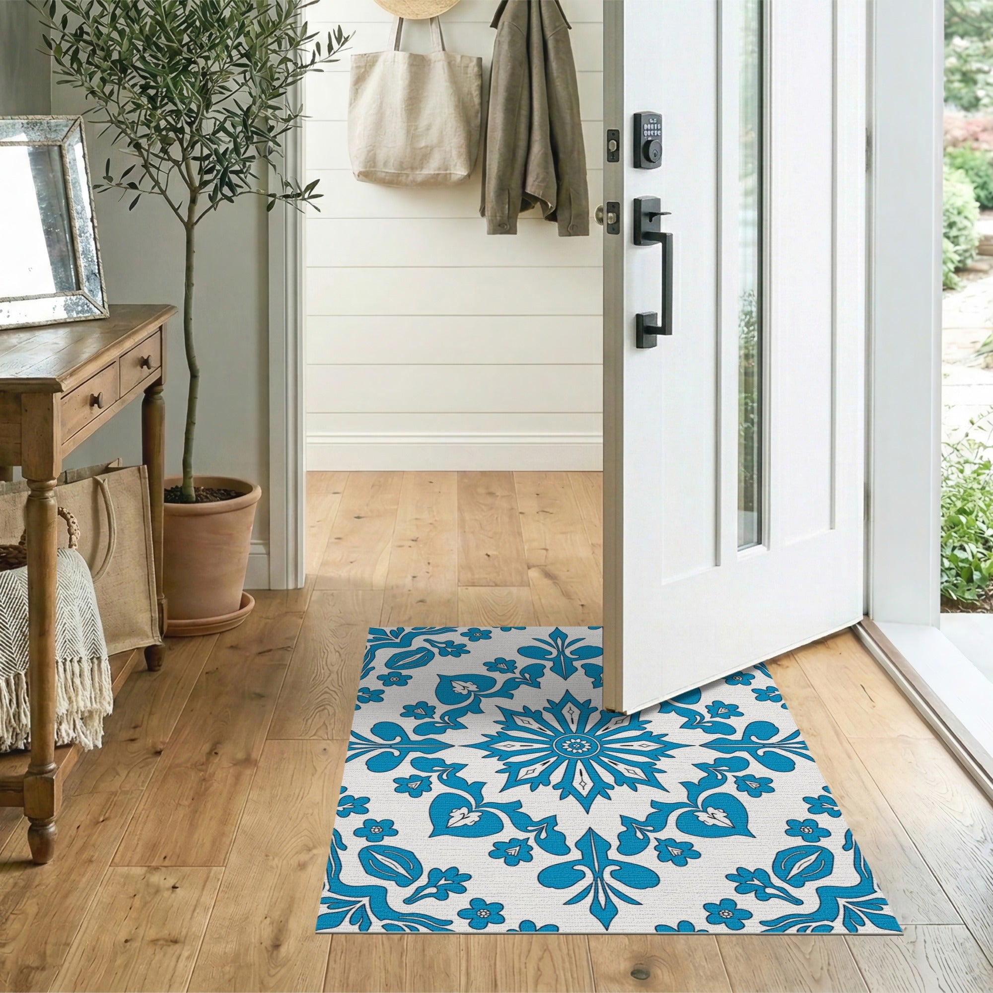 Cobalt Blue Floral Tile Motif Area Rug