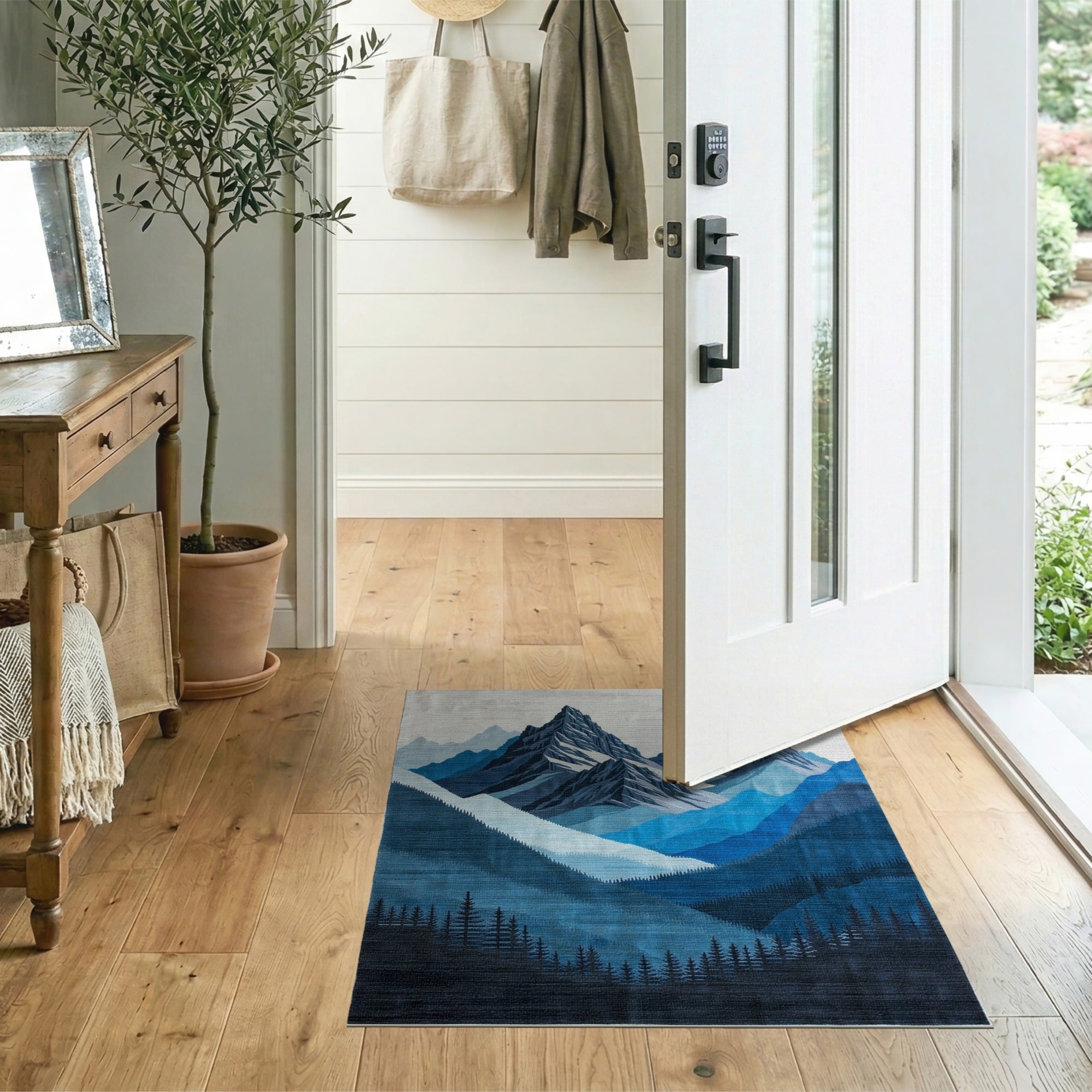 Blue and Teal Abstract Blue Mountain Peaks Area Rug