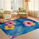 ODIKA Tropical Hibiscus Pink & Blue Floral Washable Low Pile Area Rug