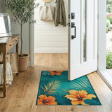 Teal Hibiscus Blooms Golden Palm Area Rug