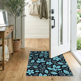 Teal Floral Leaves on Black Area Rug