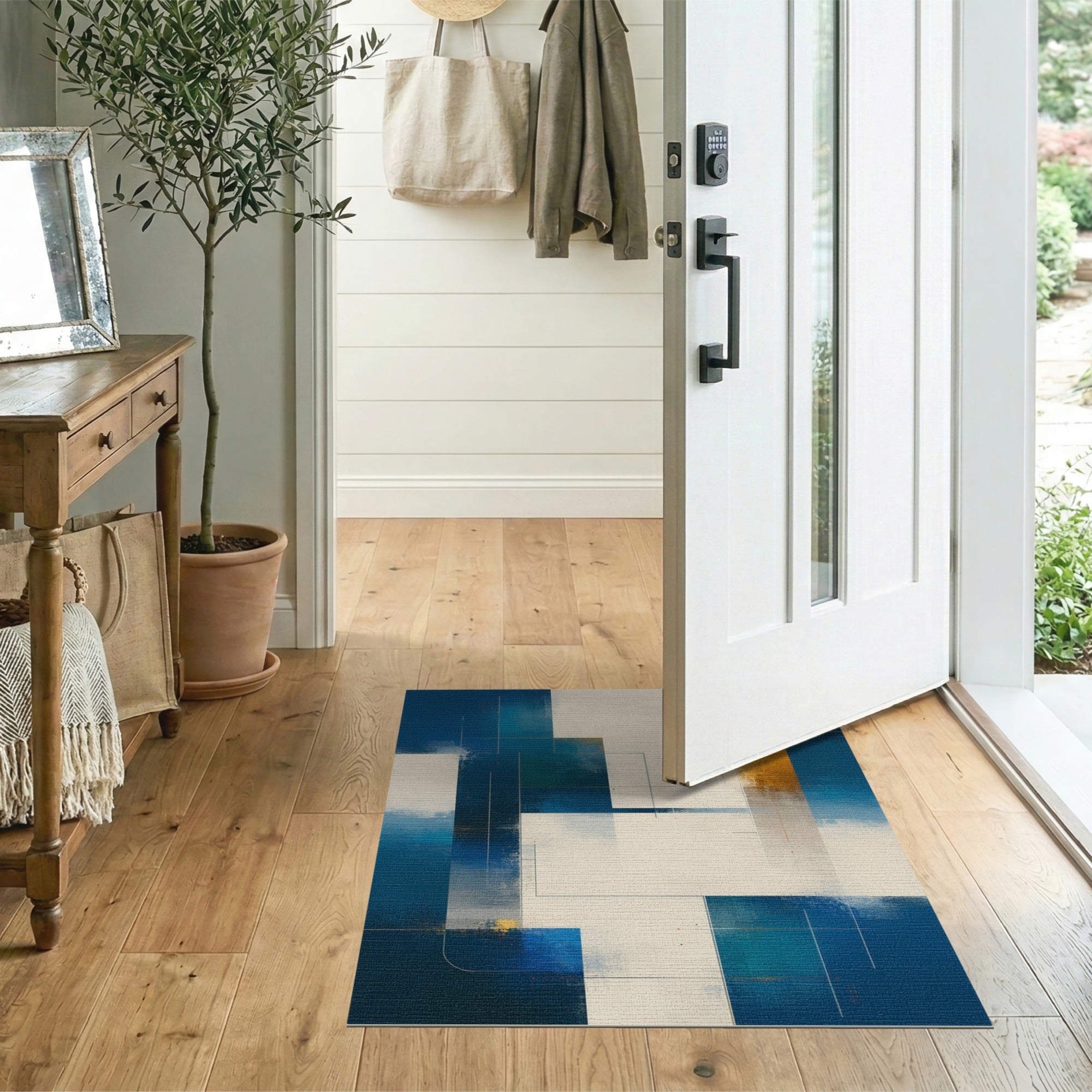 ODIKA Modern Abstract Geometric Teal & Blue Washable Area Rug - Low Pile