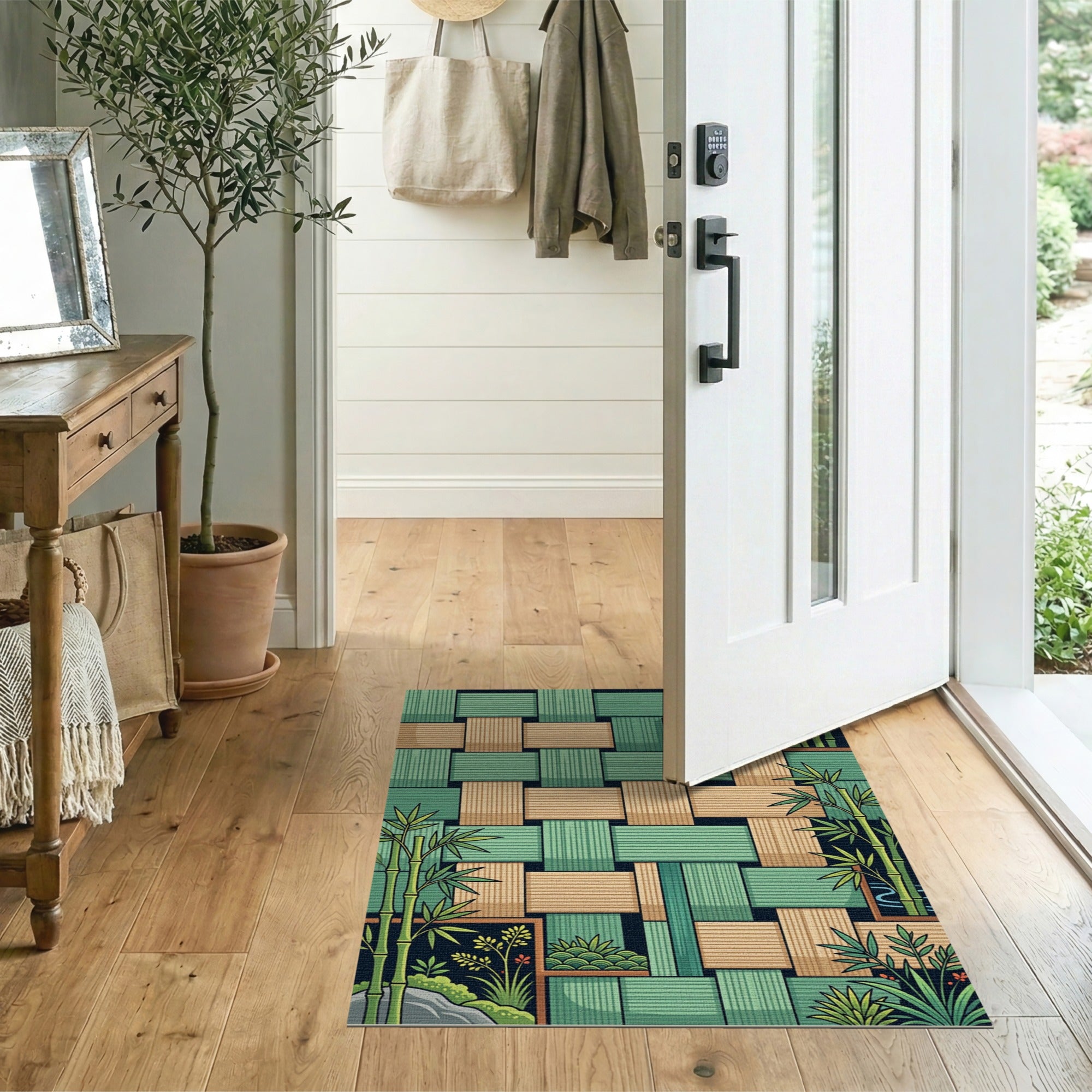 Teal Bamboo Woven Zen Geometric Rug