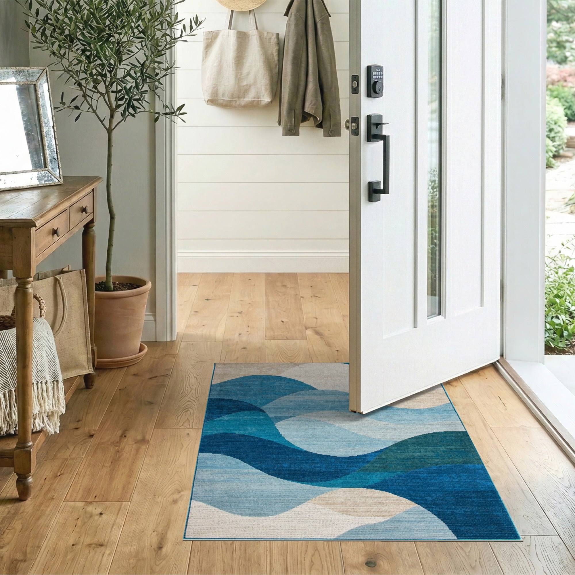 Serene Blue Teal Wave Coastal Area Rug