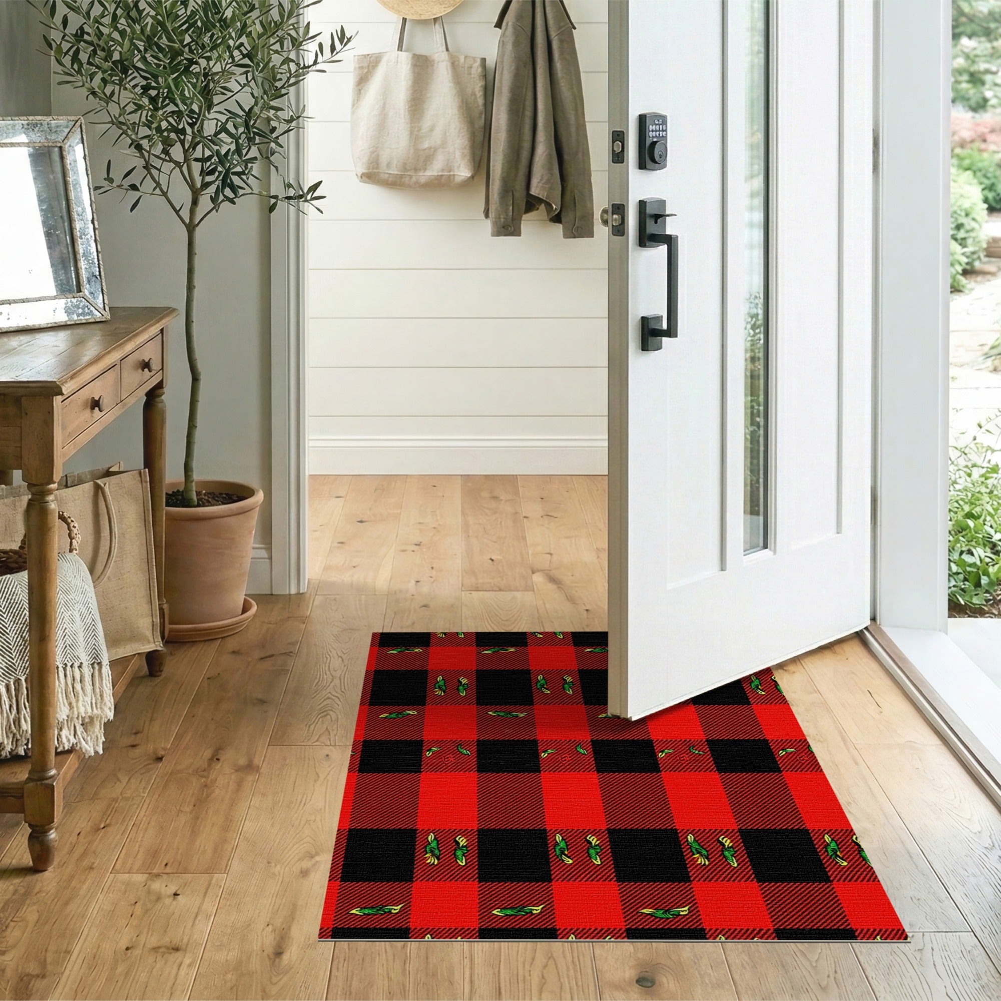 Red Black Buffalo Plaid Rug with Green Chili Peppers