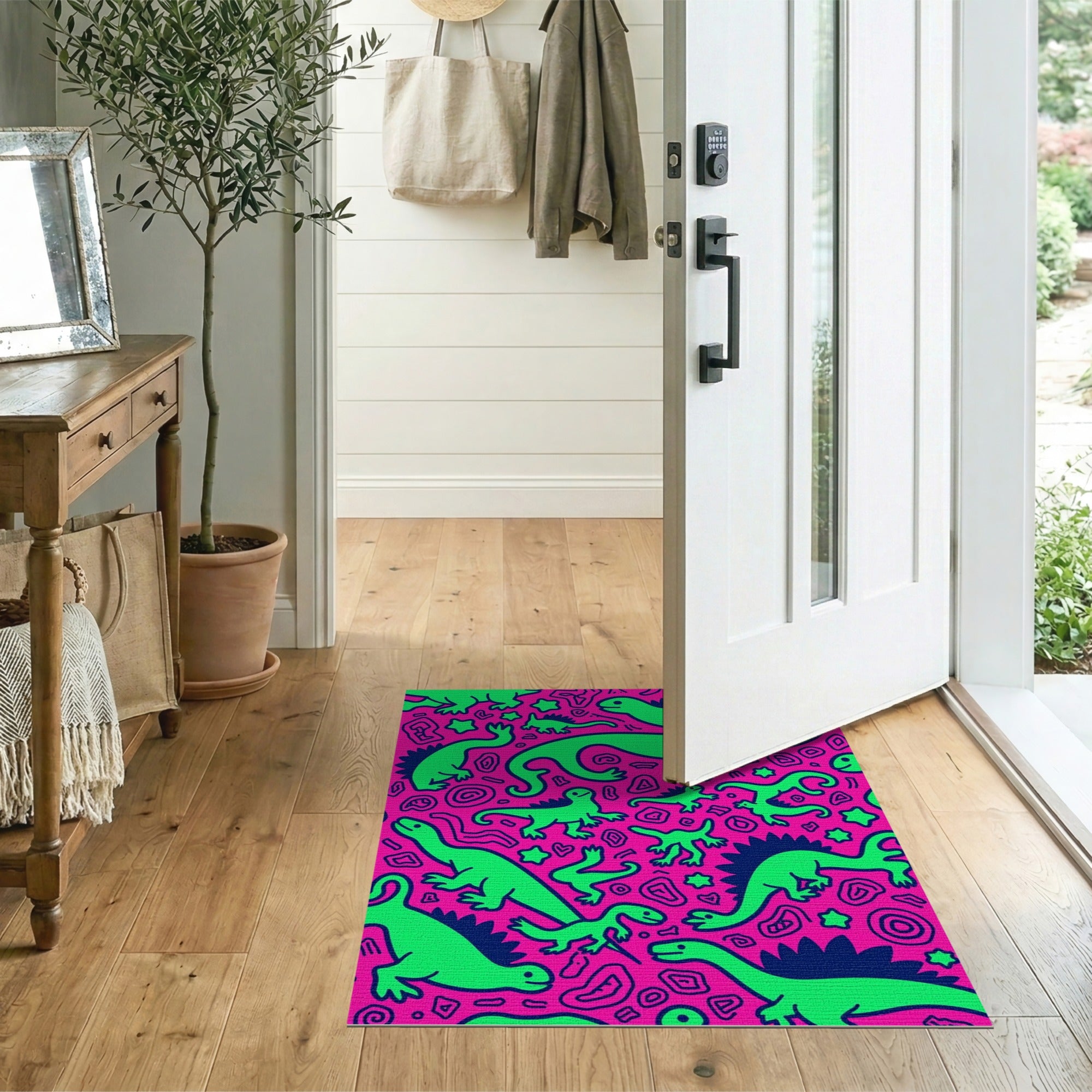 ODIKA Neon Dinosaur Washable Rug - Pink & Green Pop Art Low Pile Area Rug