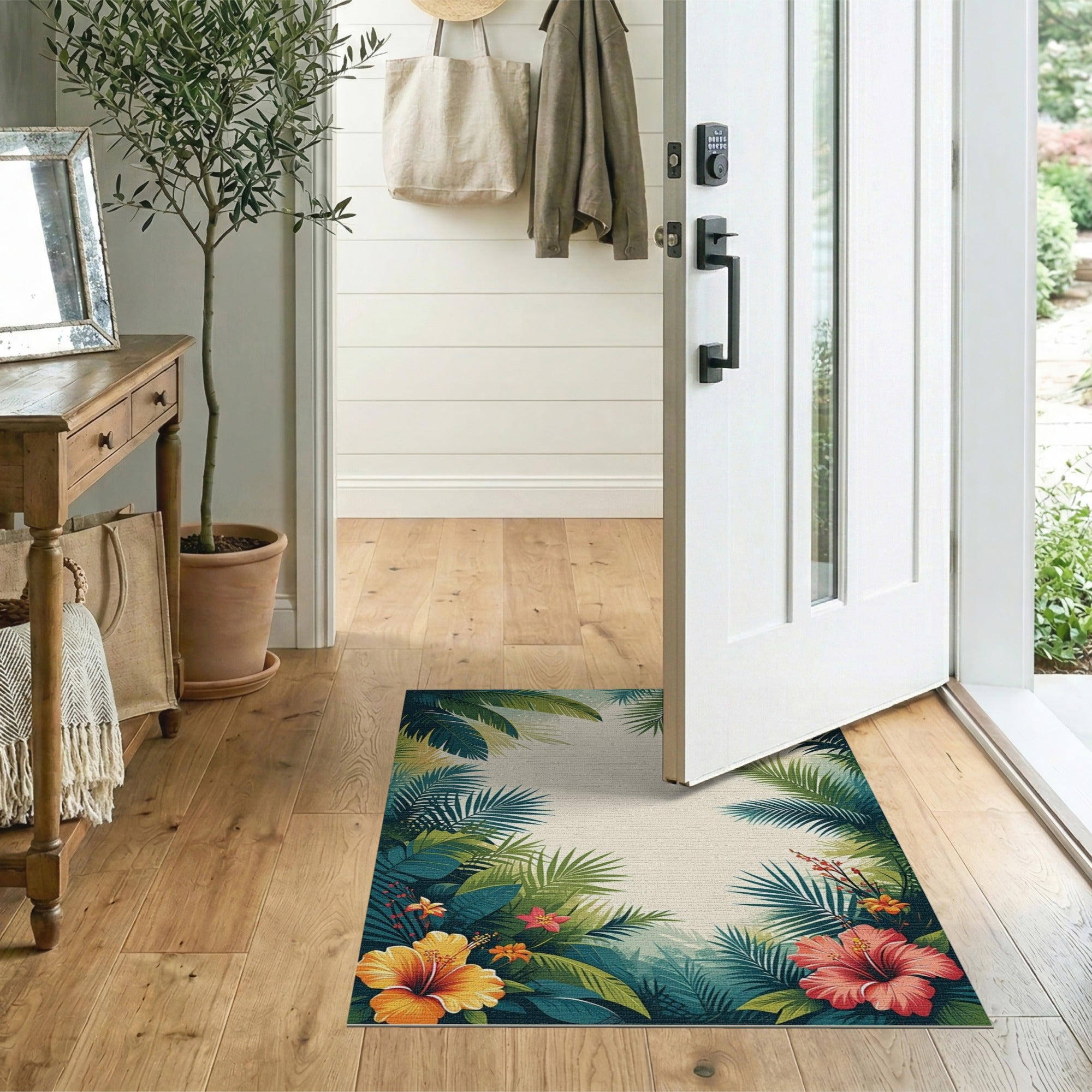 ODIKA Tropical Hibiscus Floral Washable Rug - Low Pile Non-Slip Pet Friendly Area Rug