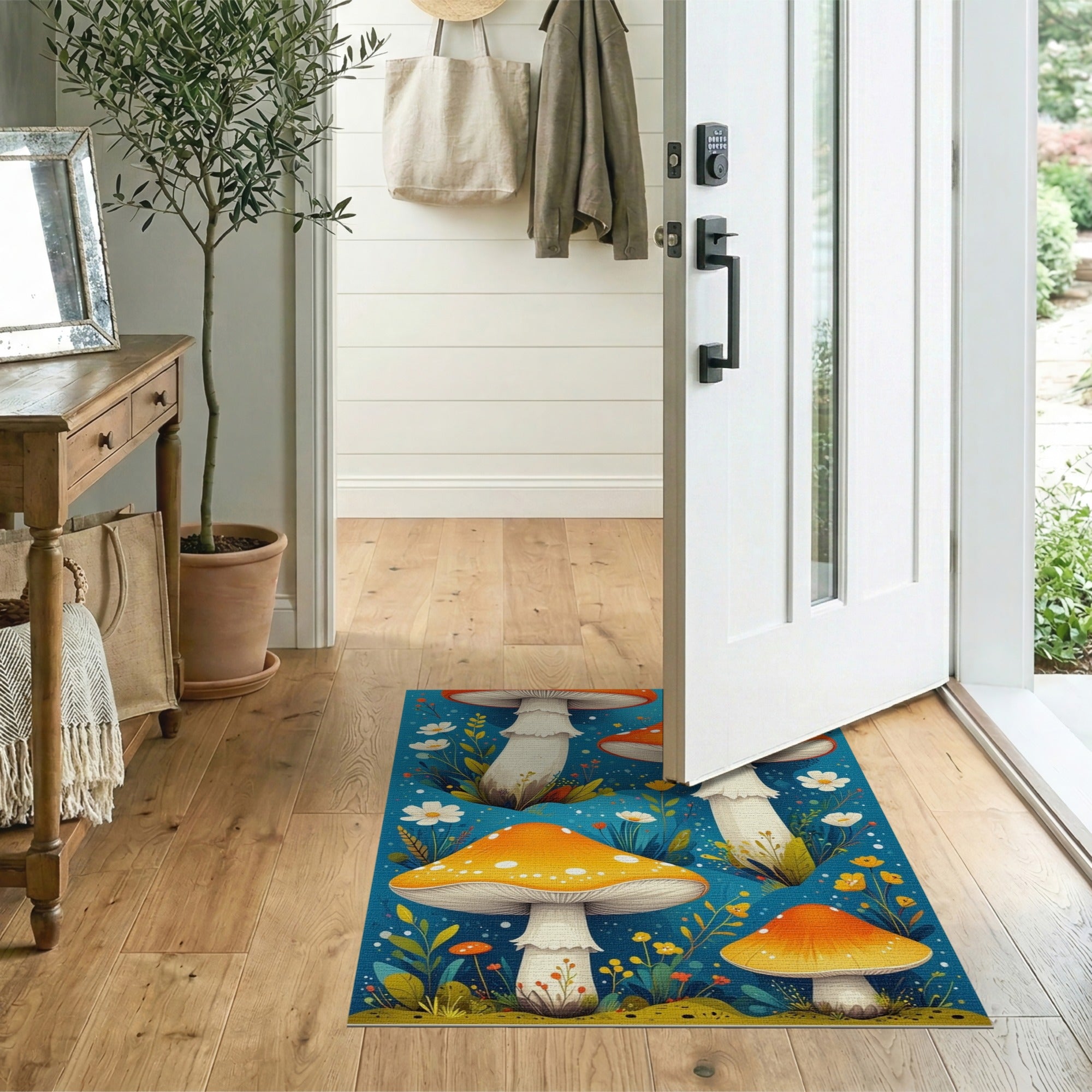Floral Vintage Multi-color and Patterns Whimsical Mushroom Meadow Area Rug