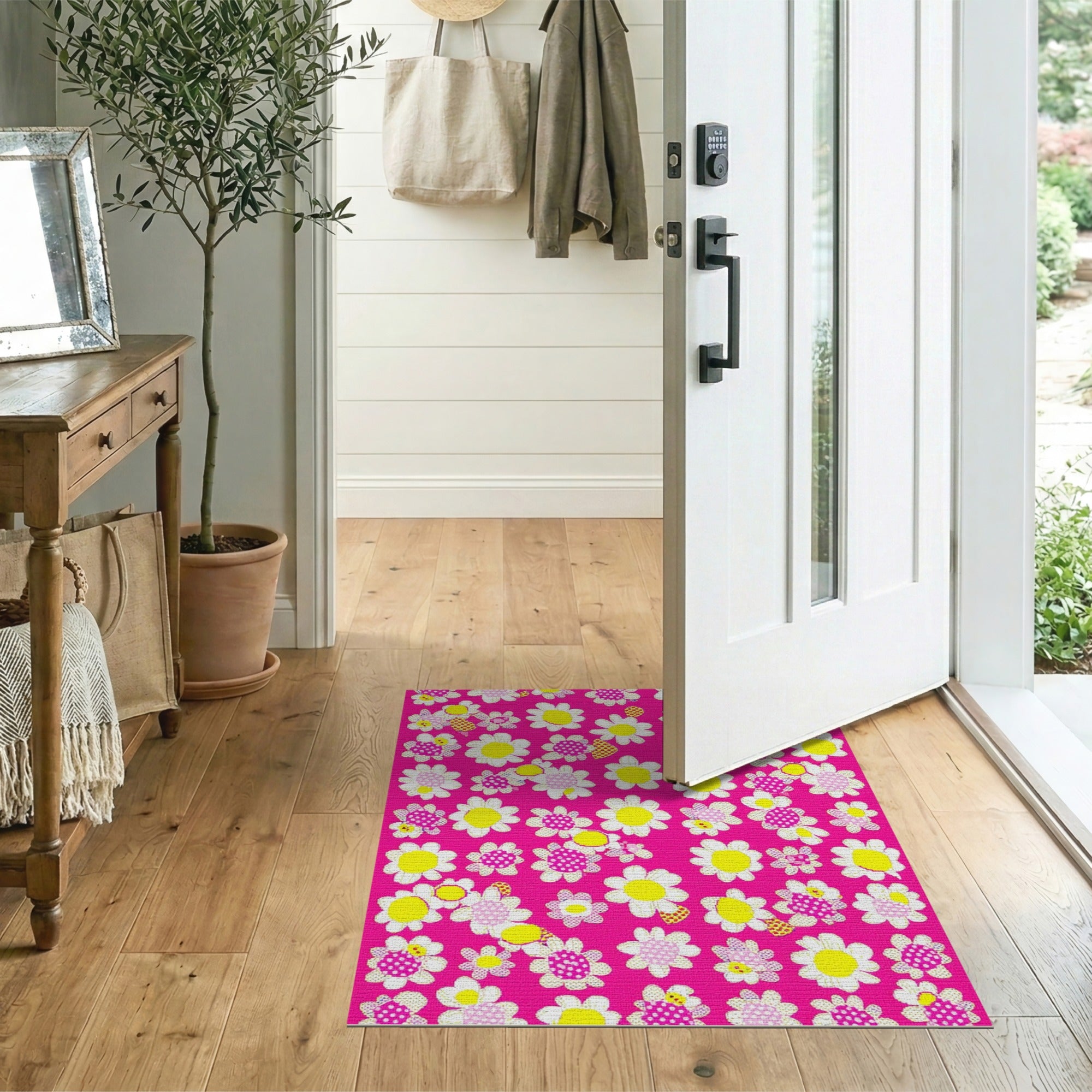 Whimsical Pink Daisy Applique Area Rug