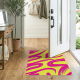 Vibrant Pink Swirl Abstract Area Rug on Yellow