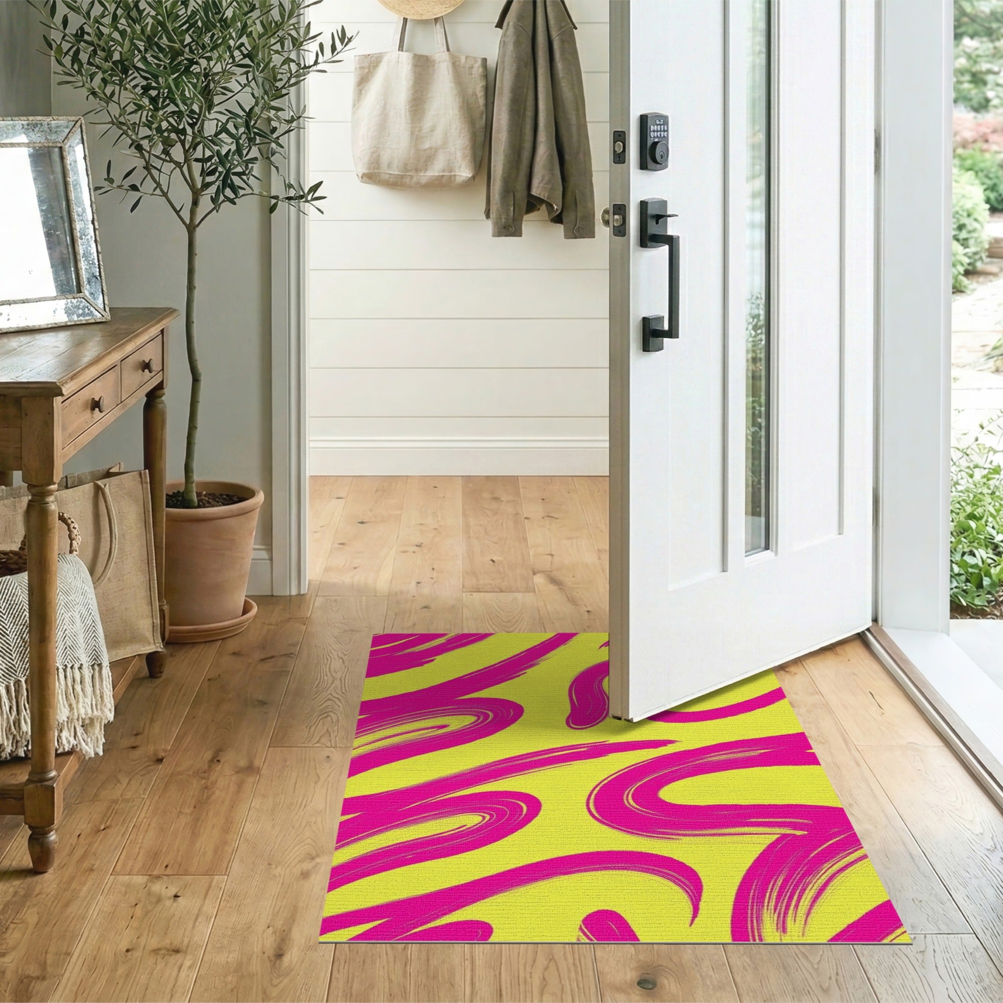 Vibrant Pink Swirl Abstract Area Rug on Yellow