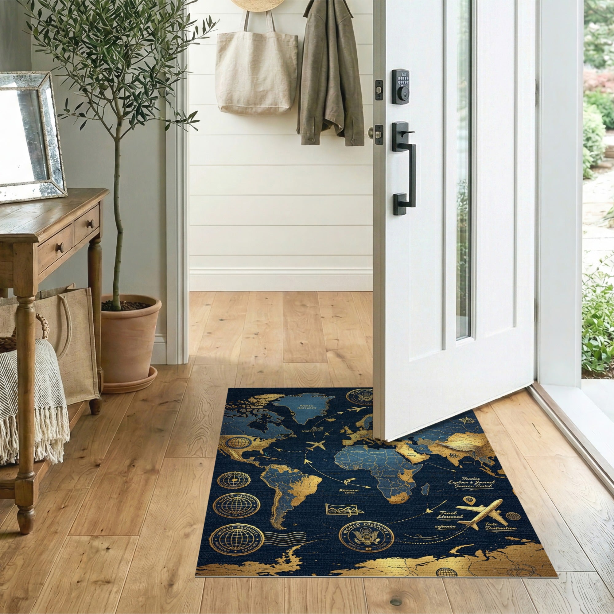 ODIKA Washable World Map Rug - Vintage Navy & Gold Travel Themed Low Pile Area Rug