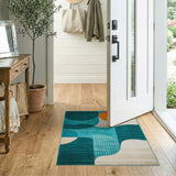 Teal Abstract Geometric Area Rug with Orange Sun