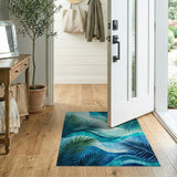 Blue Teal Palm Wave Coastal Area Rug