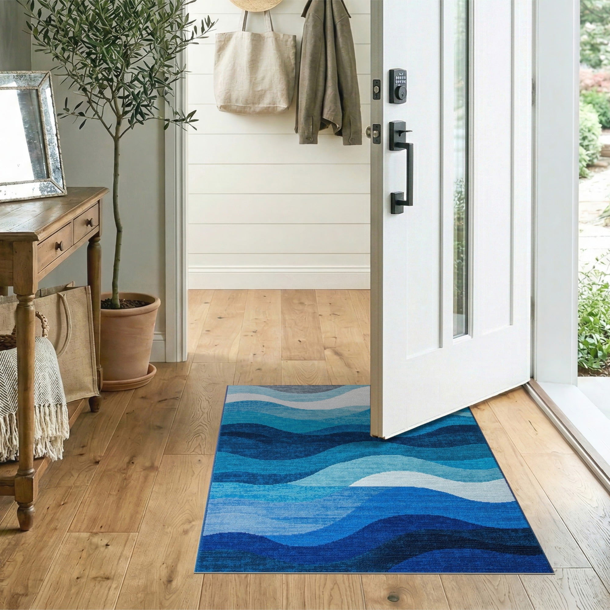Modern Blue Wave Geometric Area Rug