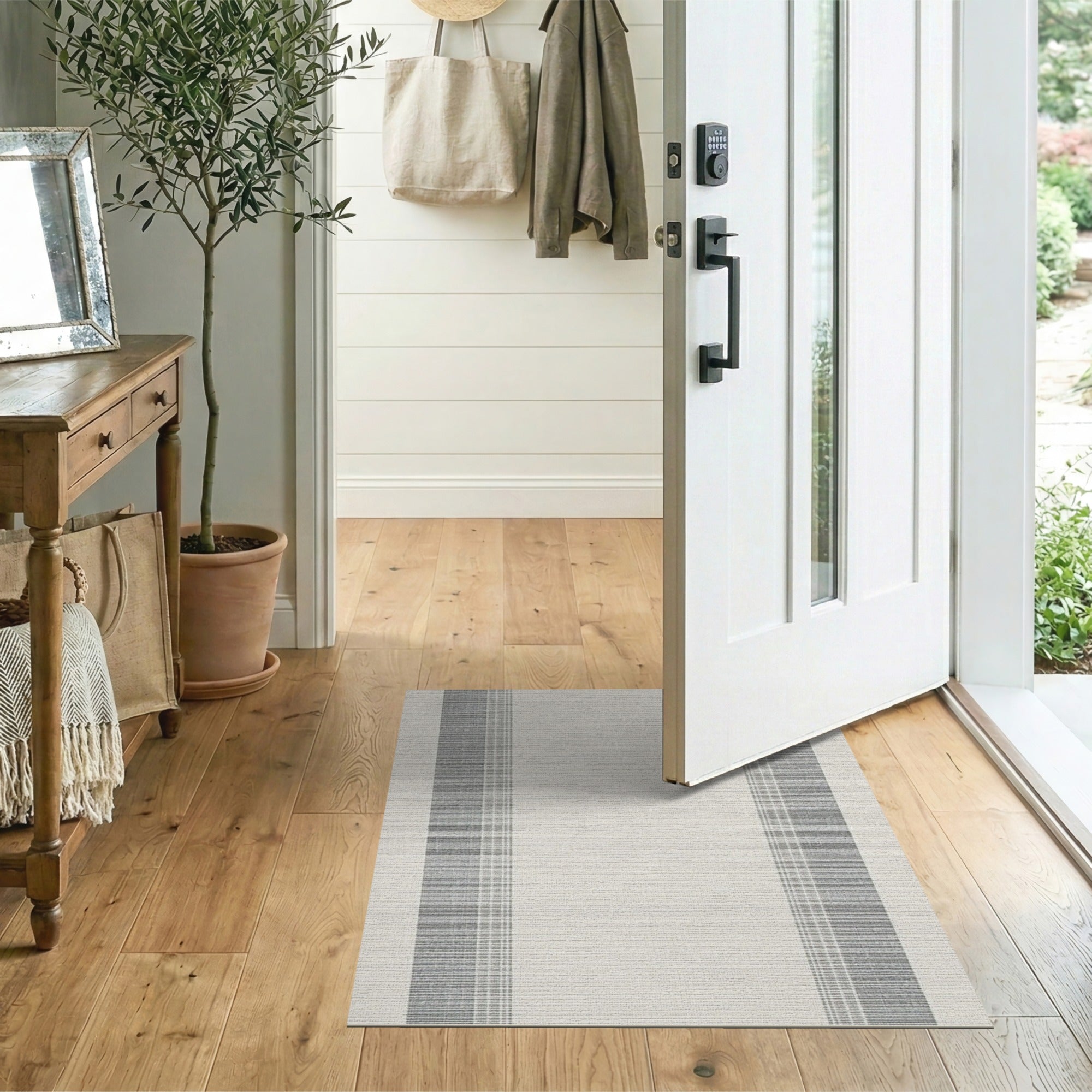 Gray Vertical Striped Beige Area Rug