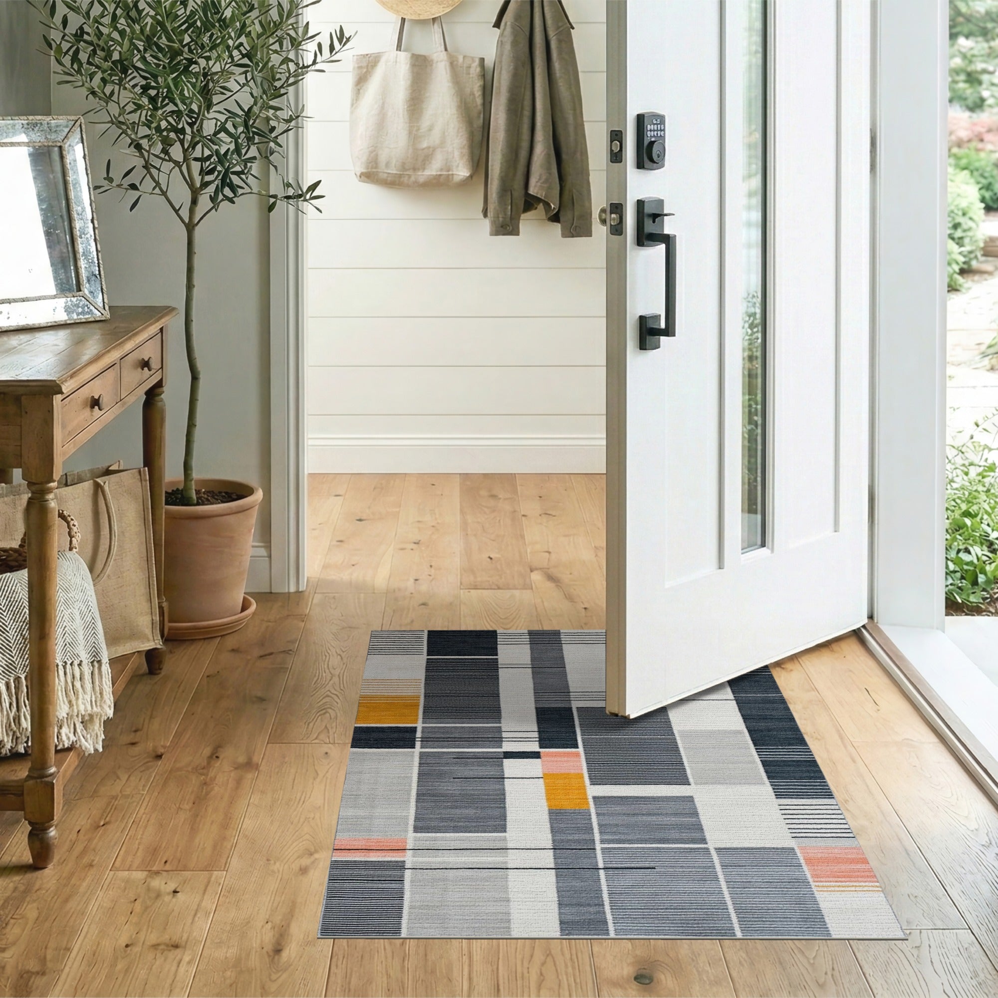 Modern Geometric Block Area Rug Black Grey Yellow Coral